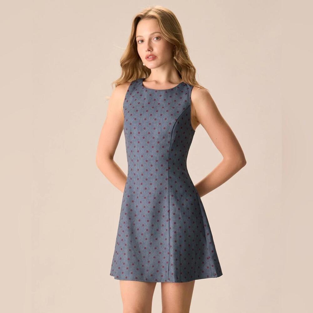 RIHOAS The Grey Round Neck Polka Dot Mini Dress M